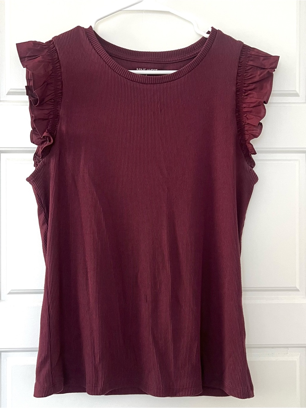 Nine West Plum Ribbed Flutter Sleeve Top